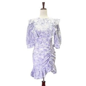 NWT Dark Pink Puff Sleeve Ruched Mini Dress in Lavender Rose Print Size 4 NEW